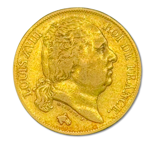 France - 0.900 Gold Coin - 20 Francs 1824 of Louis XVIII, Diameter: 21 mm, Weight: 6.45 grams - 
