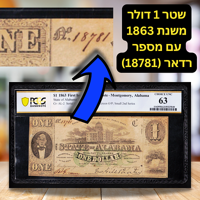 Rare - State of Alabama (United States) - 1 dollar 1863 banknote with handwritten radar number 