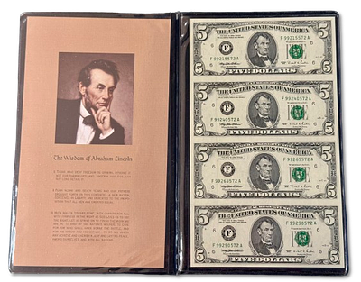 ארצות הברית - גיליון לא חתוך של 4 שטרות 5 דולר 1995, בתוך מארז מהודר דמוי עור בצירוף תעודת 