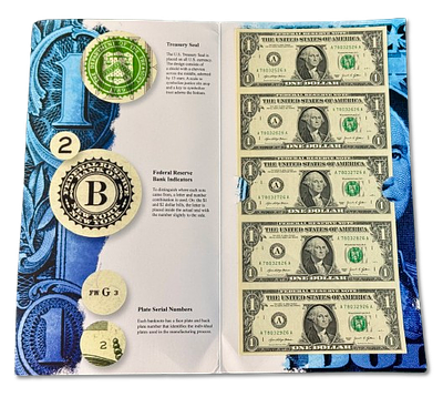 ארצות הברית - גיליון לא חתוך של 5 שטרות 1 דולר, סדרת 2021, במארז מעוצב של Banknote World 
