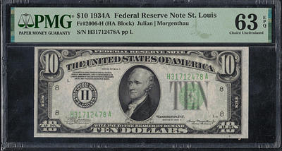 ארצות הברית - 10 דולר סדרת 1934A (סנט לואיס) – בדירוג גבוה PMG 63 EPQ Choice Uncirculated - 