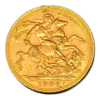 5% עמלה בלבד! - אנגליה - מטבע סוברין אנגלי משנת 1907 עם פרופיל של מלך אדוארד השביעי, זהב 0.9170 