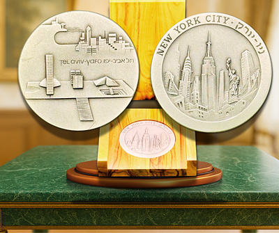 ישראל - מדלית זיכרון ממלכתית מכסף טהור (999) "תל אביב וניו יורק" 1991 (התשנ"א), משקל: 60 גרם 
