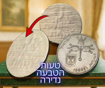 ישראל - טעות הטבעה נדירה של מטבע 1 לירה "אסימון מבוקע" לאחר ההטבעה - הפריט עבר תהליך ביקוע 