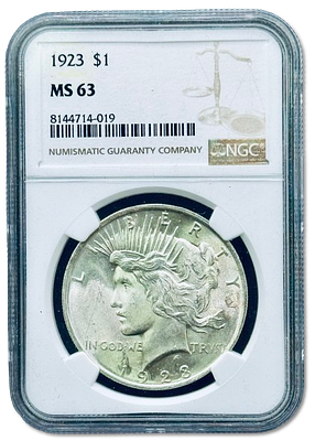 ארצות הברית - 1 דולר 1923 "דולר השלום" - מטבע כסף 0.900 מדורג ע"י חברת NGC בדירוג MS63, משקל: 