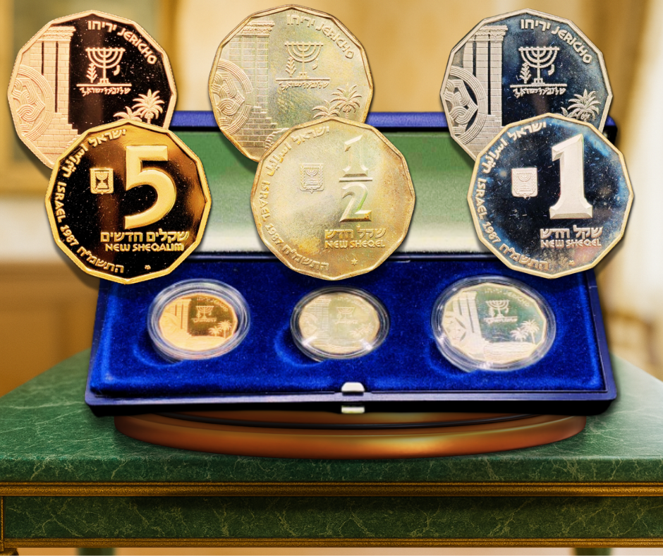 Israel - Set of 3 "Jericho" coins - 0.900 gold Proof coin - 5 sheqalim 1987 weighing 8.63 grams 