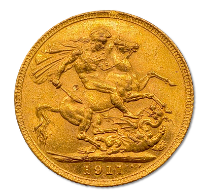 5% Commission Only! - England - 1911 Sovereign Gold Coin with Profile of King George V, 0.9170 