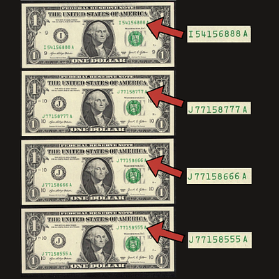 ארה״ב - סט 8 שטרות $1 עם מספרים ייחודיים “Fancy Serial Numbers” – סדרה 2021 - Triple Repeat - 