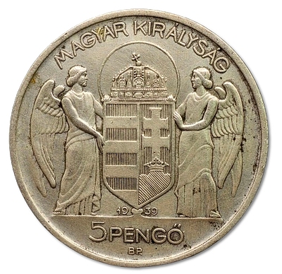 הונגריה - 5 פנגו 1939, "10 שנות נציבות אדמירל הורטי"– כסף 0.640, משקל: 25 גרם, קוטר: 36 מ"מ - 