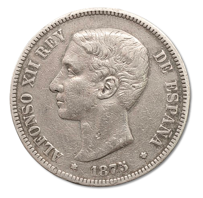 ספרד - מטבע כסף 5 פסטאס משנת 1875 עם פרופיל של מלך אלפונסו ה-12. כסף 0.900, משקל: 25 גרם, קוטר: 