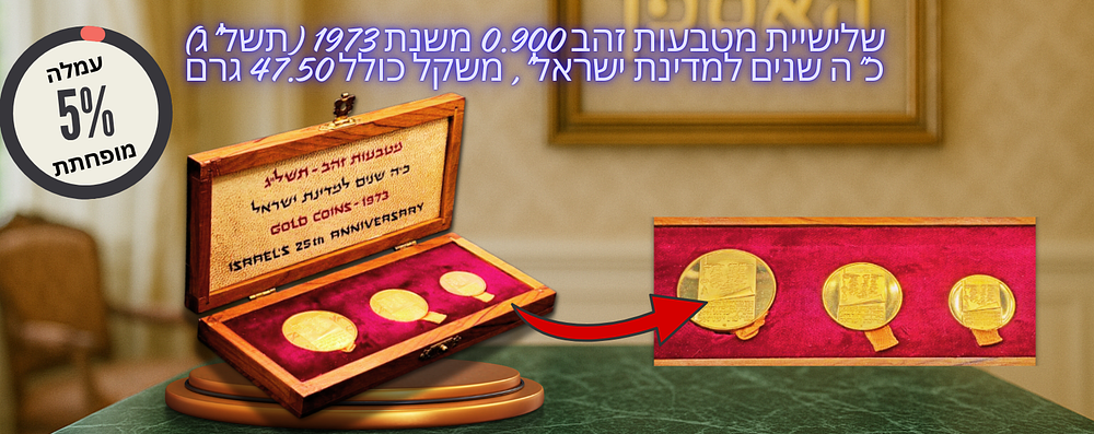 ישראל - שלישיית מטבעות זהב 0.900 משנת 1973 (תשל"ג) כ"ה שנים למדינת ישראל" 200,100 ו50 לירות 