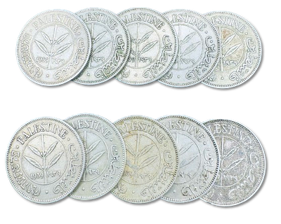 פלשתינה ארץ ישראל - לוט 10 מטבעות 50 מיל 1939, משקל כל מטבע: 5.83 גרם, קוטר: 23.5 מ"מ 
מטבע 50 
