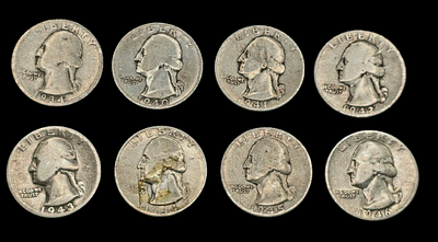 United States - Lot of 8 Silver 25 Cents "Washington" Coins from the Years 1934-1946, 0.900 