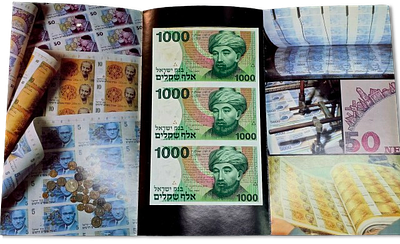 Israel - Rare! - Uncut sheet of 3 banknotes 1000 sheqels 1983 "Maimonides" in an original 