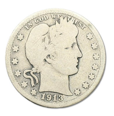 United States - 25 Cent Silver Coin 1913 (D) - "Barber", 0.900 Silver, Weight: 5.81 grams 