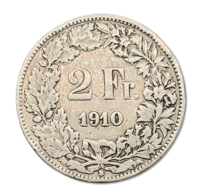 Switzerland - 1910 silver 2 Francs coin, 0.835 silver, Weight: 9.82 g, Diameter: 27.4 mm - 