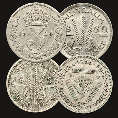 Lot of 4 Silver Threepence Coins from the Years 1904, 1951, 1956 and 1959 – Silver 0.925 and 