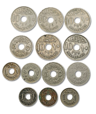 Egypt – Lot of 13 Copper-Nickel Coins in Denominations of 10, 5, 2 and 1 Milliemes, from the 