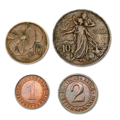 Lot of 4 circulation coins from Italy and Germany, including coins from the Kingdom of Italy 