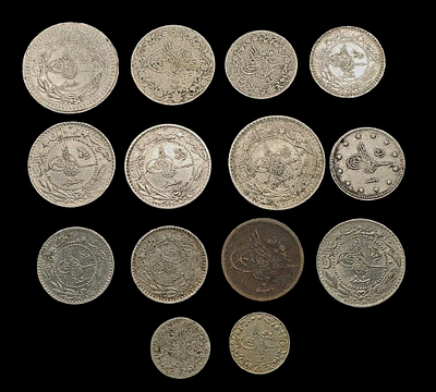 Lot of 14 Ottoman coins, mostly from Ottoman Egypt, featuring the Sultan’s tughra. 