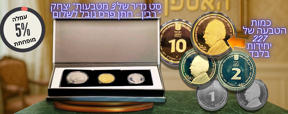 Reduced Buyer’s Premium of Only 5%! Rare 3-Coin Set “Yitzhak Rabin – Nobel Peace Prize 