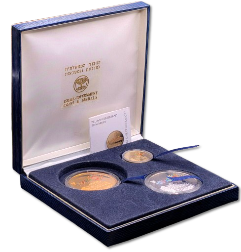 Israel – Set of 3 State Medals “Tel Aviv Centennial” (2009) – .585 Gold, .925 Silver and Tombac 
