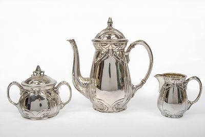 Jugendstil, Kaffeeservice, 3tlg. Bruckmann, Heilbronn. 800er Silber. Kaffeekanne mit 