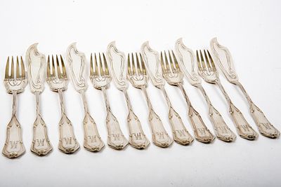 Jugendstil-Fischbesteck f&uuml;r 6 Personen. Jugendstil-Fischbesteck f&uuml;r 6 Personen. 800er 