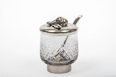 Marmeladenglas mit Silberdeckel. Kristallglas mit Silberdeckel 800er Silber und L&ouml;ffel 