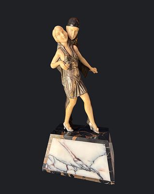 פסלון זוג רוקדים אר דקו מקורי מהתקופה 1920-1930, פסלון Chryselephantine (ברונזה וחומר אורגני 