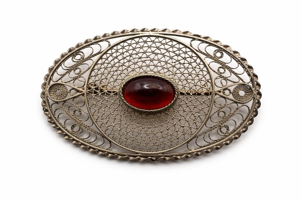 Antique Silver Filigree Brooch with Red Stone, Handcrafted, 47x32 mm. Elegant oval decorative 