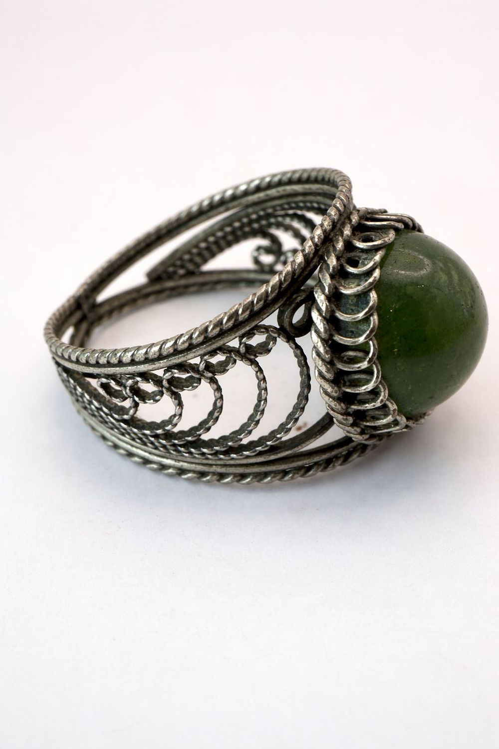 Antique Silver Filigree Ring with Natural Green Jade Cabochon, Ethnic. Handcrafted Design A 