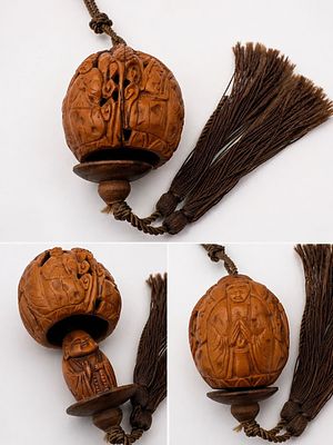 Chinese Carved Walnut Hanging Ornament Buddhist Figures Openwork Hidden Figure. Finely 