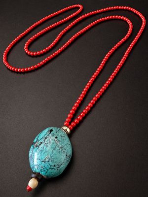 Impressive Natural Turquoise Pendant on a Delicate Red Coral Bead Necklace An elegant necklace 