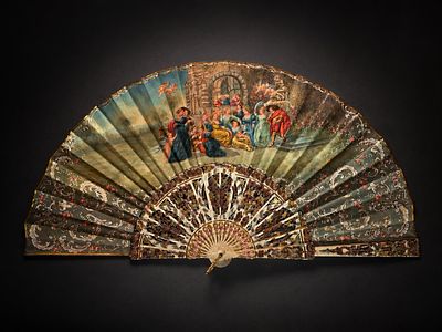 Antique hand-painted folding fan featuring a refined European Rococo scene, intricately carved 