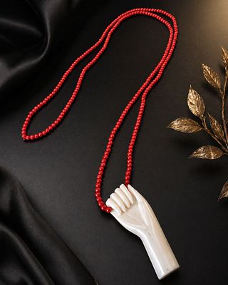 Hand-Shaped Pendant Holding Form on Red Beaded Necklace, Carved Organic Material, Vintage Style 