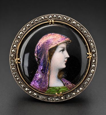 Antique Enamel Miniature Portrait Brooch, Marcasite Style Frame. An elegant antique miniature 
