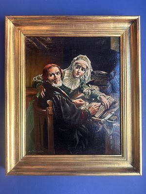 Oil Painting on Canvas Dramatic Interior Scene Signed 50x65 cm. An evocative oil painting on 