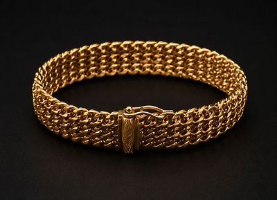 Vintage Wide Gold-Tone Mesh Bracelet with Integrated Clasp צמיד וינטג’ מרשים בעיצוב רשת צפופה 