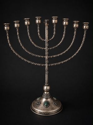 חנוכיית כסף סטרלינג משובצת אבני אילת בסגנון בצלאל, 223 גרם Sterling Silver Hanukkah Menorah 