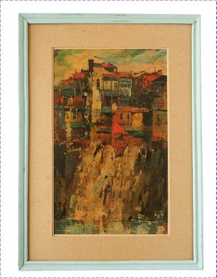 בתים על ההר - איכותי, צבעים נהדרים, פרטים רבים: ציור אקרילי על קרטון. אמן לא מזוהה, חתום בפינה 