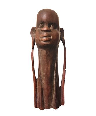 פסל ראש-צוואר אפריקאי מגולף בעבודת יד מעץ מלא, וינטג’ מערב-אפריקאי, אזור גאנה–חוף השנהב, מתוארך 