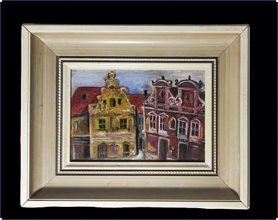 אמנות אקספרסיוניסטית, ציור שמן על דיקט: בתים דמיוניים. ציור מקורי ביד, סביבות שנות ה-60-70, לא 