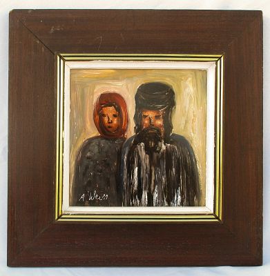WEISS 
גבר ואישה יהודים בלבוש מסורתי, ציור מקורי ישן מאד על אריחי קרמיקה במסגרת עץ. 
חתימה של 