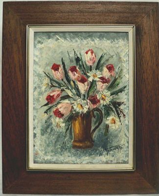 ציור שמן וינטג' מקסים על בד קנבס מודבק על קרטון. מקורי מאת האמנית הישראלית בייניש מיננברג, 