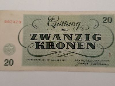 20 קרונות , גטו טרזינשטאט שנת 1943 , 
Theresienstadt Ghetto Banknote 
20 Kronen 