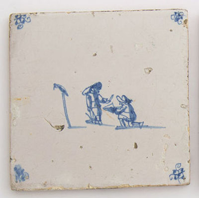 אריח דלפט מצויר ומזוגג כחול לבן, תחילת המאה ה-17, הולנד. מידות: 13X13 ס"מ לערךפירוט מצב הפריטים 