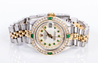 שעון יד רולקס לאישה מזהב 18 קרט, פלדה, יהלומים ואמרלדים YG/SS DateJust Ladies Watch. משקל כולל: 