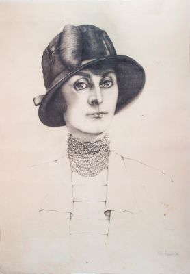 תמרה דה למפיקה, דיוקן. טכניקה: גרפיט על ניירחתימה: חתום (ימין למטה), הטבעה על נייר "Schoeller 