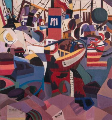 רפאל ברדאס, נמל ברצלונה. טכניקה: שמן על קרטון עבהתאריך: 1918חתימה: חתום ומתוארך 1918 (שמאל 